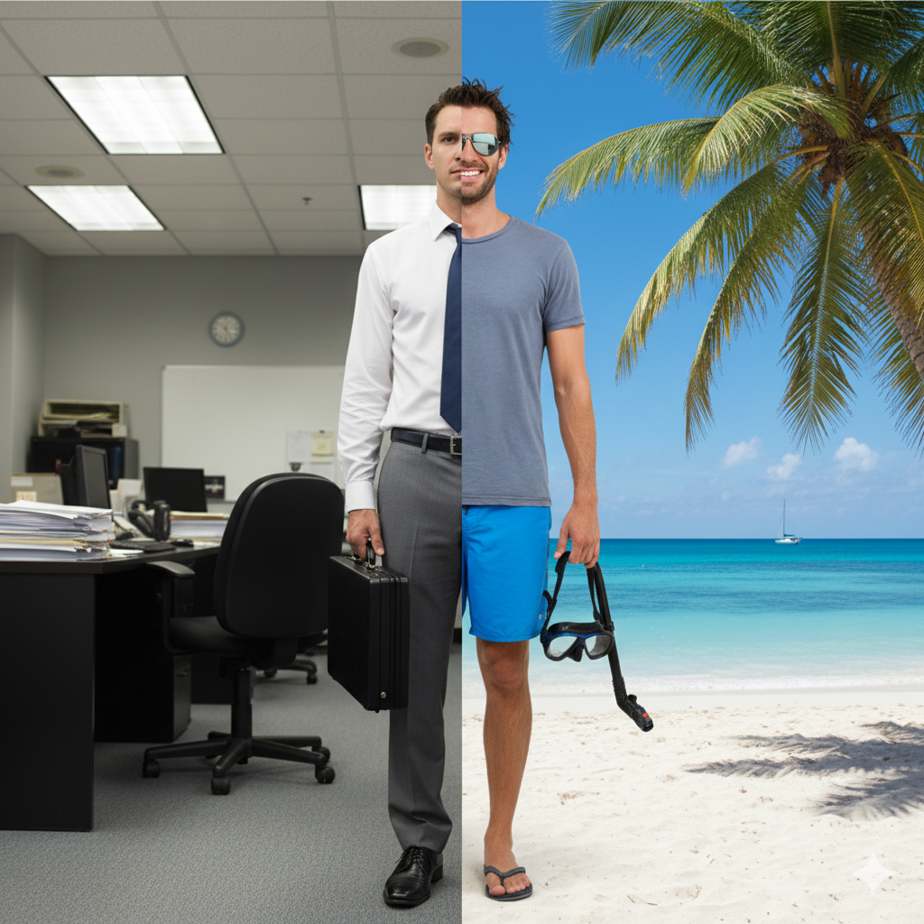 An image of a person split between the worlds of an office or the beach as an office. Created with Gemini AI on 251101 by Dr. Eric Strand.