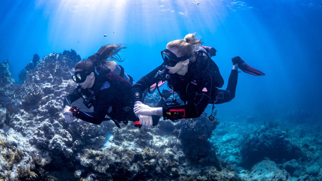 Sport tech diver enjoying a buddy dive with their buddy in crystal clear, blue water