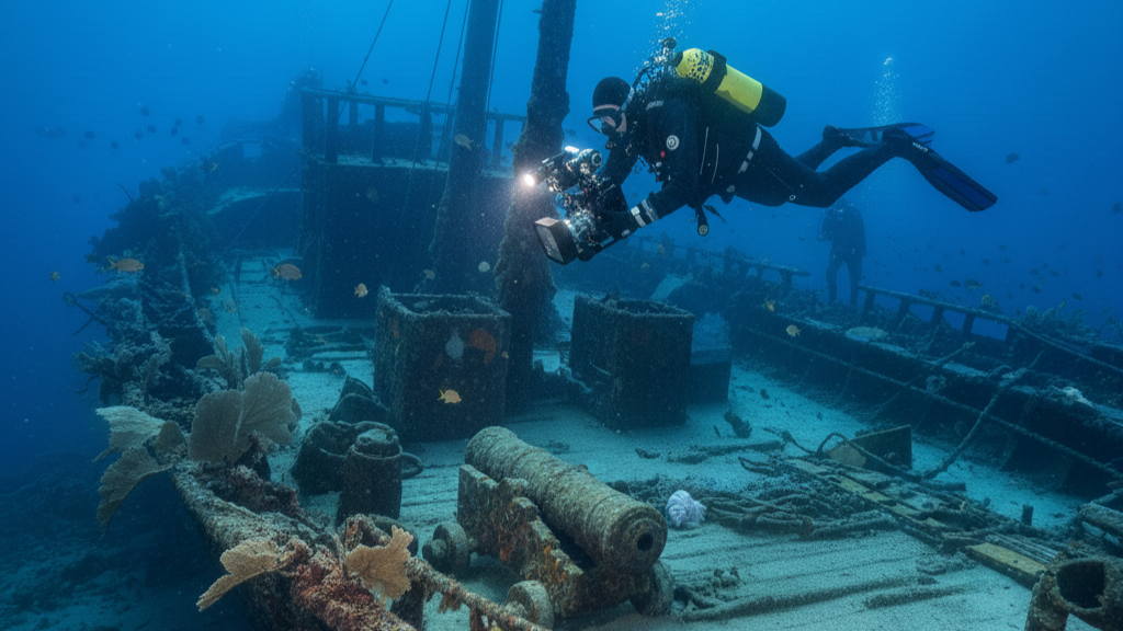 A trained maritime archaeologist maintains perfect neutral buoyancy above the deck of a historic shipwreck while using a specialized underwater camera and strobe to document the site without contact.