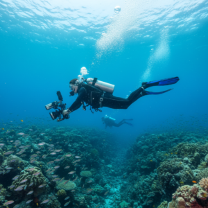 A SCUBA diver in perfect trim drifting along and taking photos.