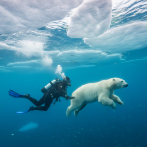 An AI generated image of a scuba diver underwater with a polar bear.