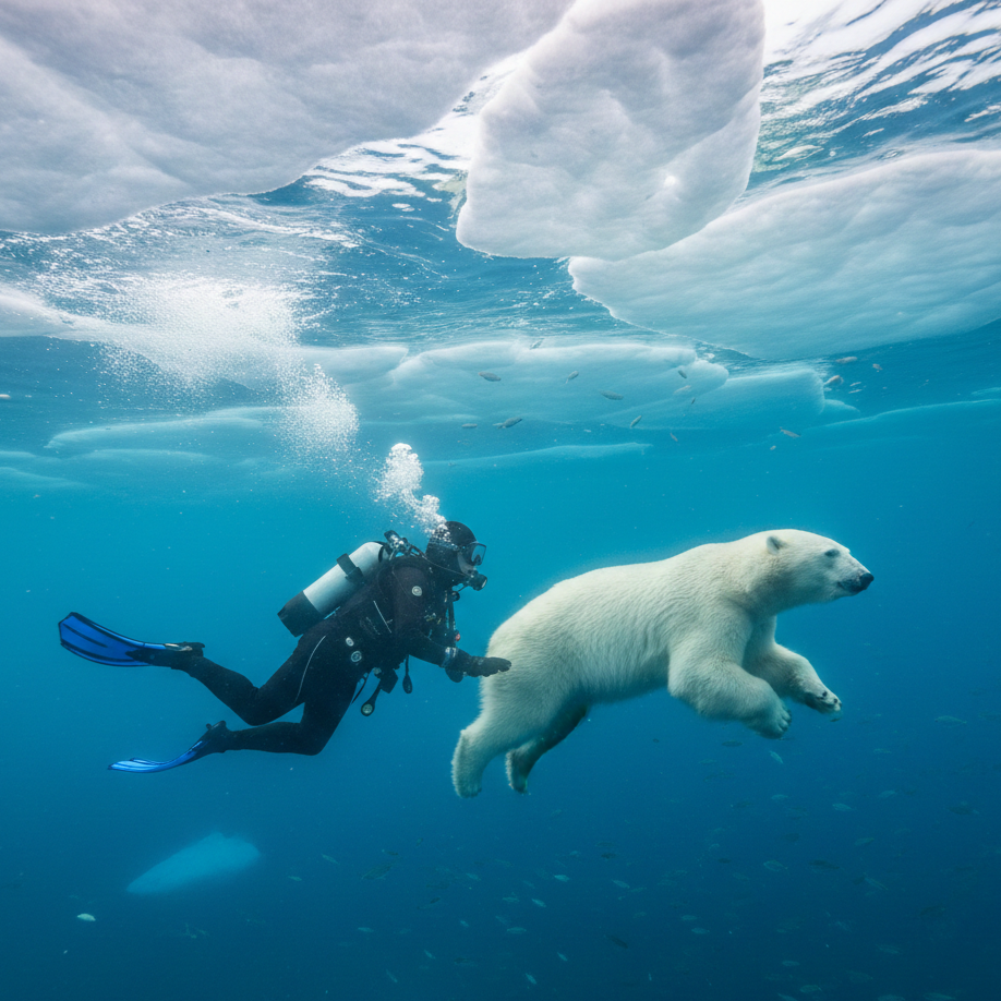 An AI generated image of a scuba diver underwater with a polar bear.