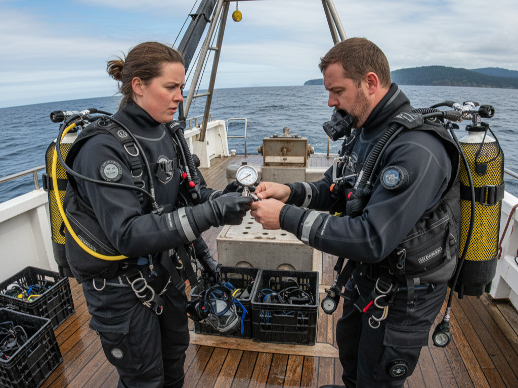 Two fully geared scientific divers on a boat deck perform a final pre-dive buddy check, confirming air, connections, and communication equipment before entering the water.