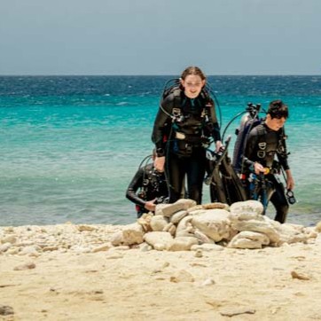 Kids exiting the water in full SCUBA kits on a shore beach area.