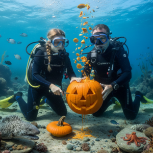 A father daughter scuba team participates in an ai generated image of underwater pumpkin carving divers.