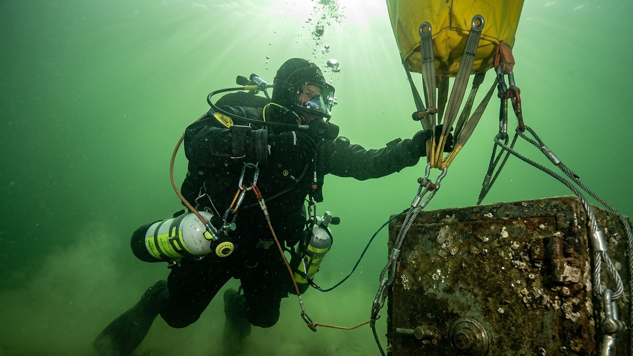 A search and recovery (SAR training) diver wearing full face mask and dry suit is using a 2000 pound lift bag underwater to retrieve a large, metal safe.