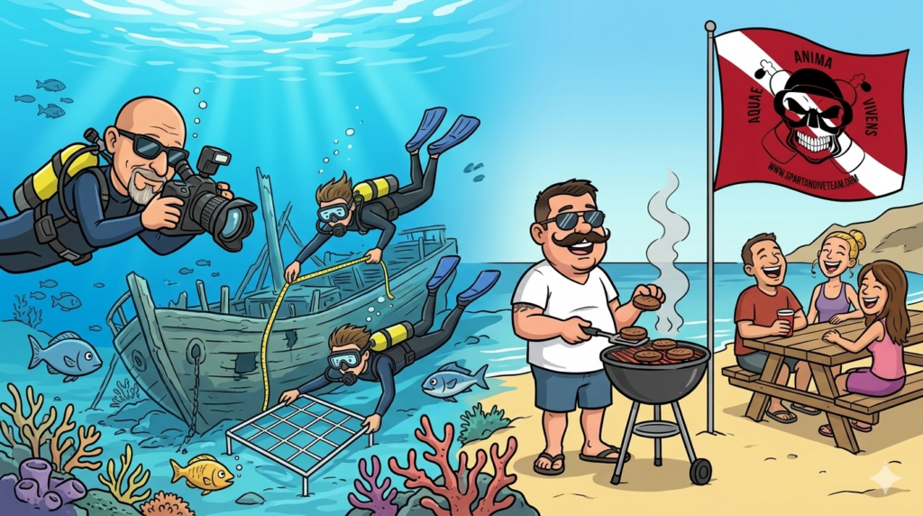 Sunrise Dive and BBQ Event with MAS and Spartan SCUBA cartoon images doing an underwater archaeology dive on the left side and a BBQ on the right.