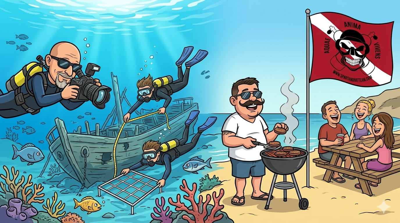 Sunrise Dive and BBQ Event with MAS and Spartan SCUBA cartoon images doing an underwater archaeology dive on the left side and a BBQ on the right.