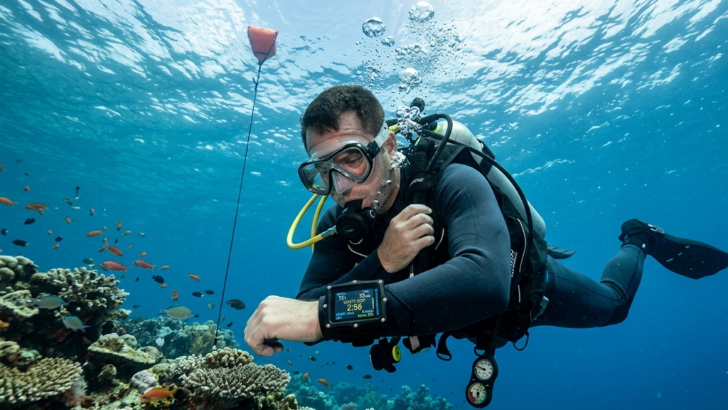 An AI generated image of a SCUBA diver waiting for his safety stop to clear in order to exit the water safely.
