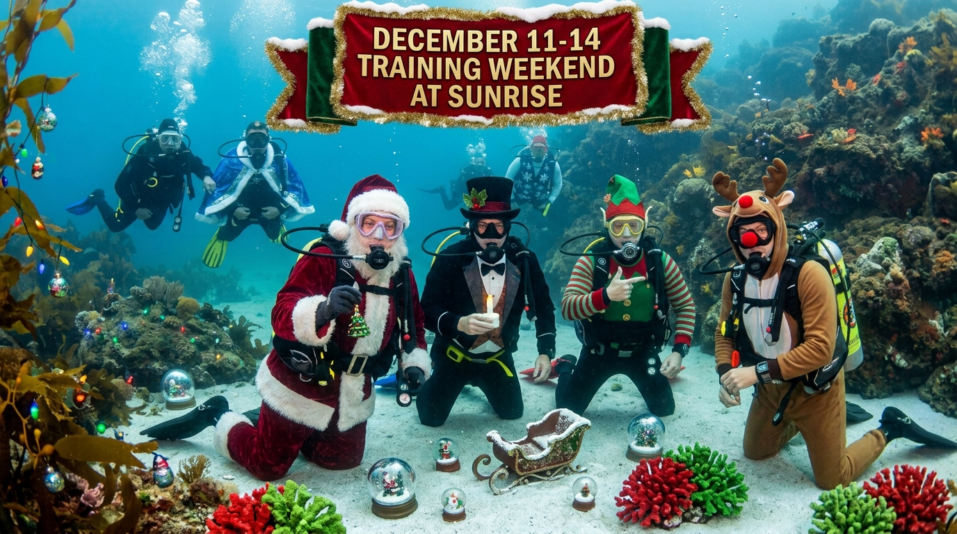 A christmas themed, AI generated image depicting scuba divers dressed in christmas and winter themed garb.